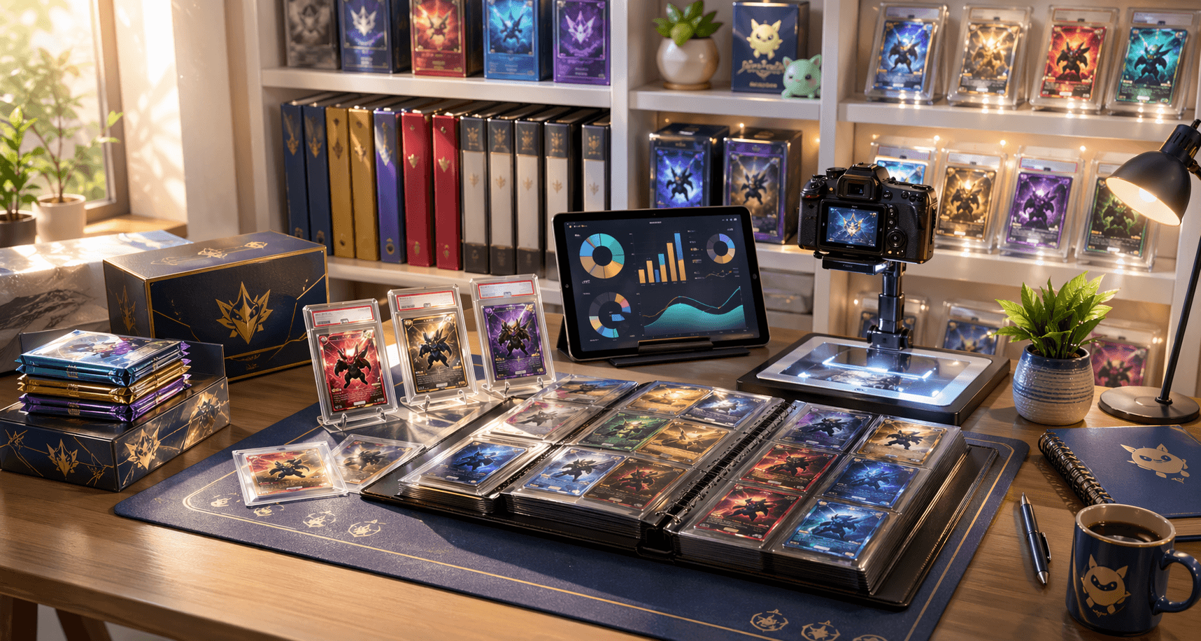 Espace de collection organisé avec cartes protégées et classeurs