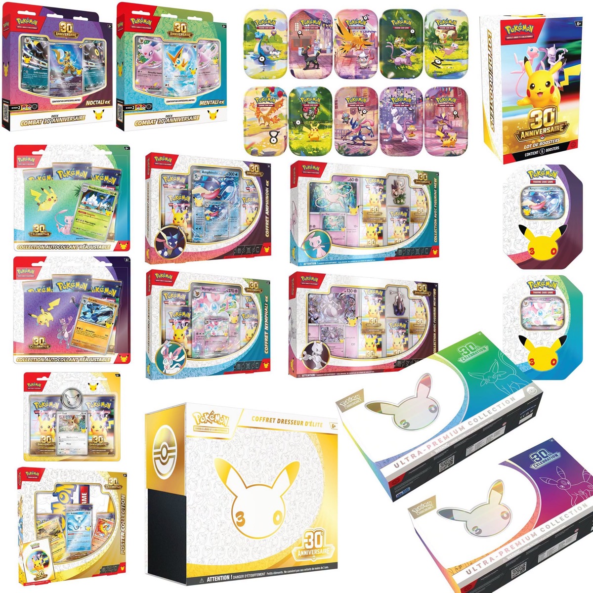 Vue d'ensemble de tous les coffrets de la collection Pokémon 30 ans